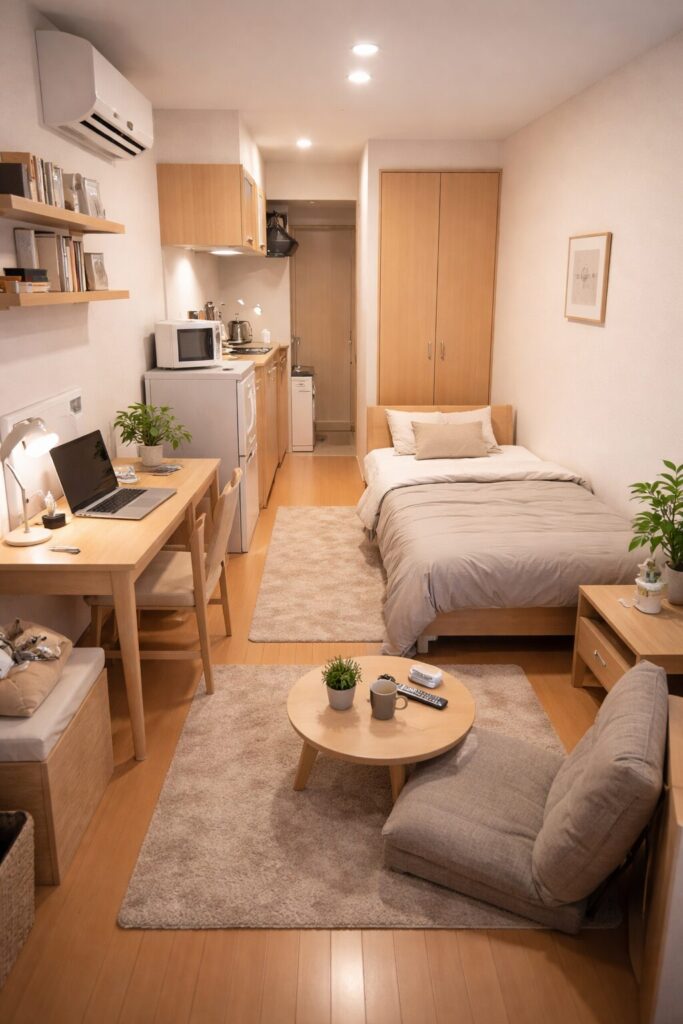 ベッドとデスクとキッチンが一部屋に収まった日本のワンルームの室内
